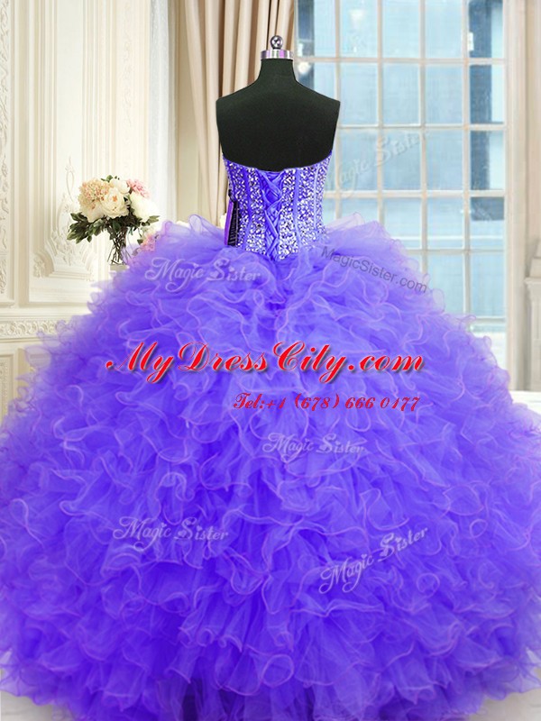 Gorgeous Strapless Sleeveless Lace Up Quince Ball Gowns Lavender Tulle