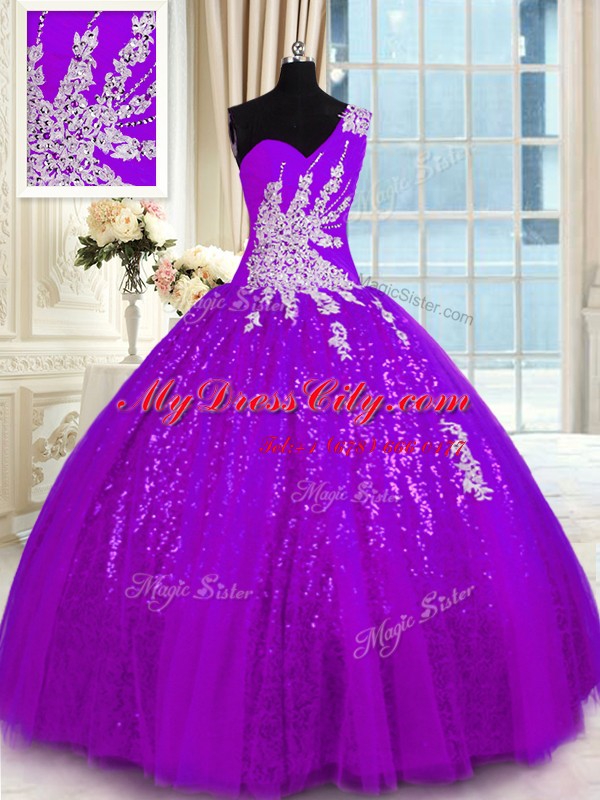 New Arrival One Shoulder Purple Lace Up 15 Quinceanera Dress Appliques Sleeveless Floor Length