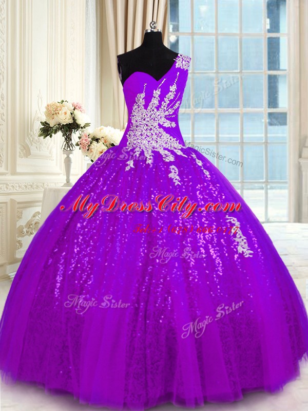 New Arrival One Shoulder Purple Lace Up 15 Quinceanera Dress Appliques Sleeveless Floor Length