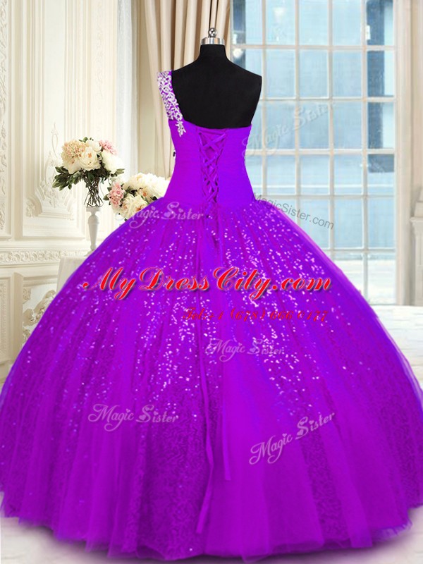 New Arrival One Shoulder Purple Lace Up 15 Quinceanera Dress Appliques Sleeveless Floor Length