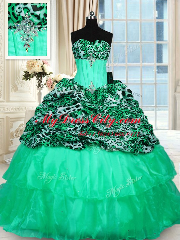 Ruffled Strapless Sleeveless Sweep Train Lace Up Vestidos de Quinceanera Turquoise Organza and Printed