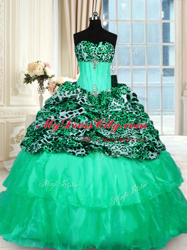 Ruffled Strapless Sleeveless Sweep Train Lace Up Vestidos de Quinceanera Turquoise Organza and Printed