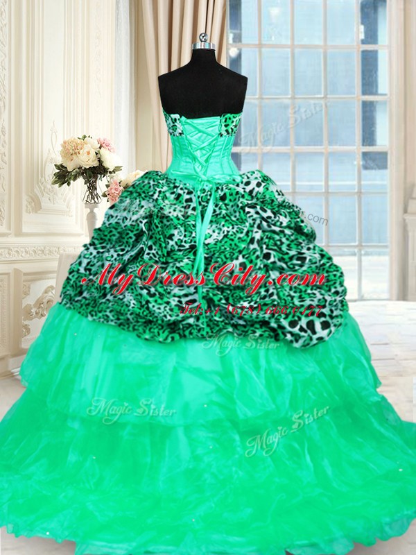 Ruffled Strapless Sleeveless Sweep Train Lace Up Vestidos de Quinceanera Turquoise Organza and Printed