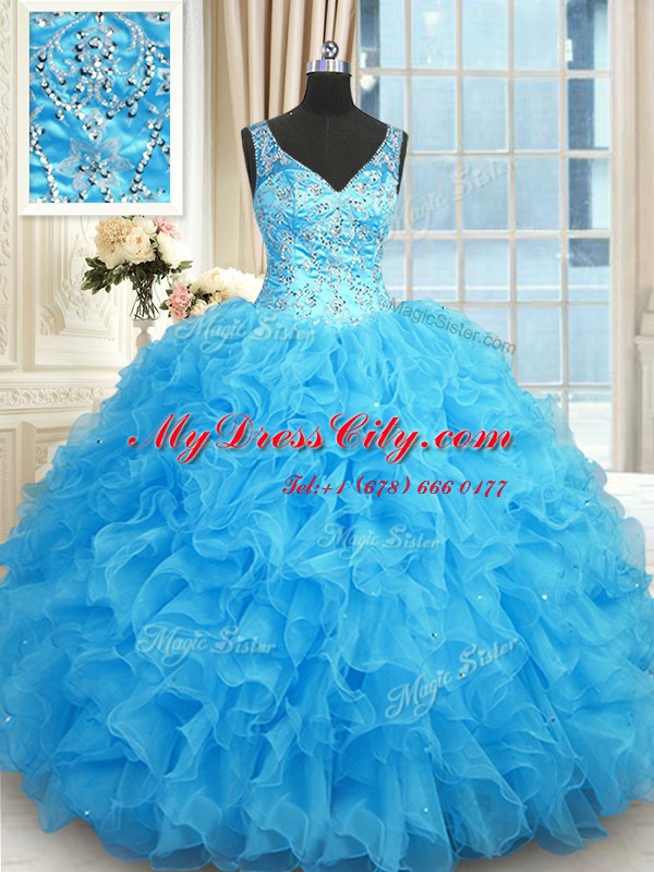 Sophisticated Blue Ball Gowns V-neck Sleeveless Organza Floor Length Zipper Beading and Ruffles Vestidos de Quinceanera