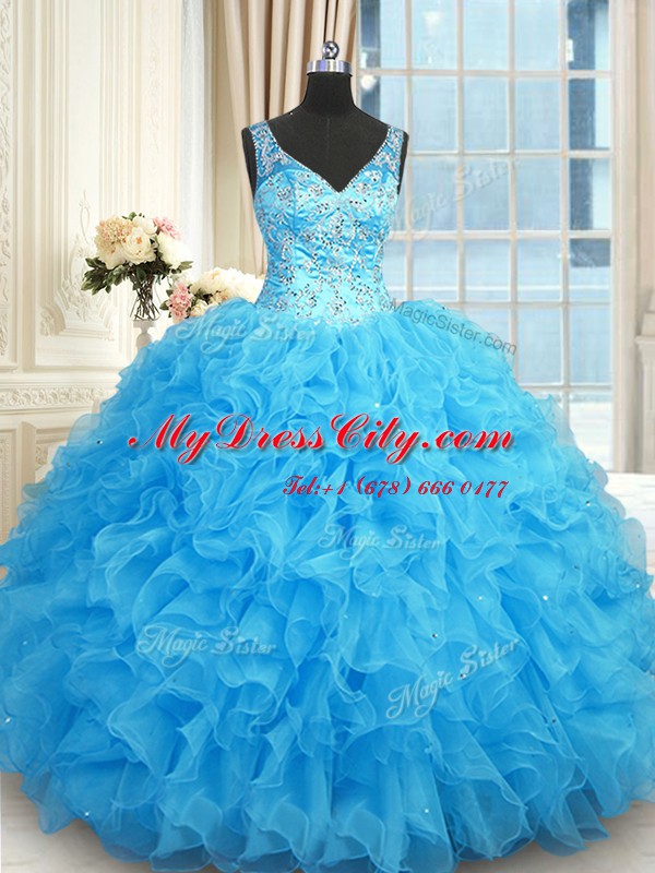 Sophisticated Blue Ball Gowns V-neck Sleeveless Organza Floor Length Zipper Beading and Ruffles Vestidos de Quinceanera