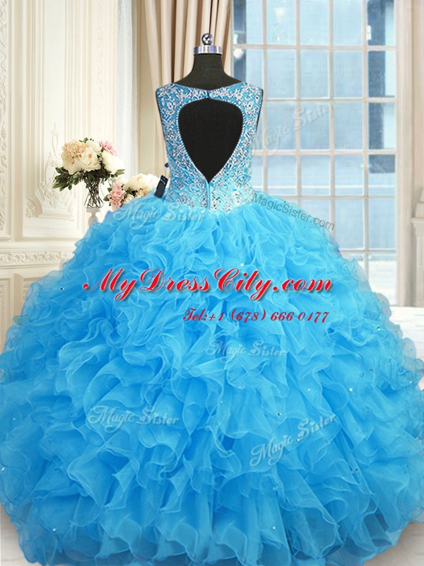 Sophisticated Blue Ball Gowns V-neck Sleeveless Organza Floor Length Zipper Beading and Ruffles Vestidos de Quinceanera