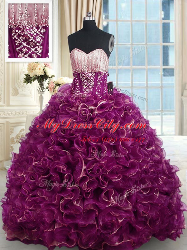 With Train Ball Gowns Sleeveless Fuchsia Quinceanera Dress Brush Train Lace Up