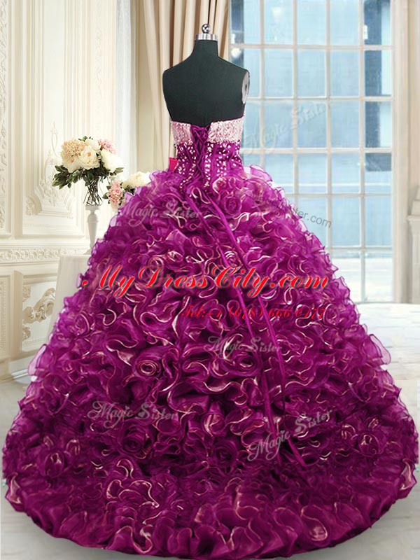 With Train Ball Gowns Sleeveless Fuchsia Quinceanera Dress Brush Train Lace Up