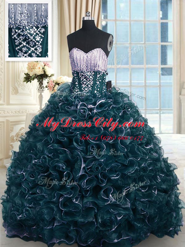 Exquisite Sleeveless Brush Train Lace Up With Train Beading and Ruffles Quinceanera Gown