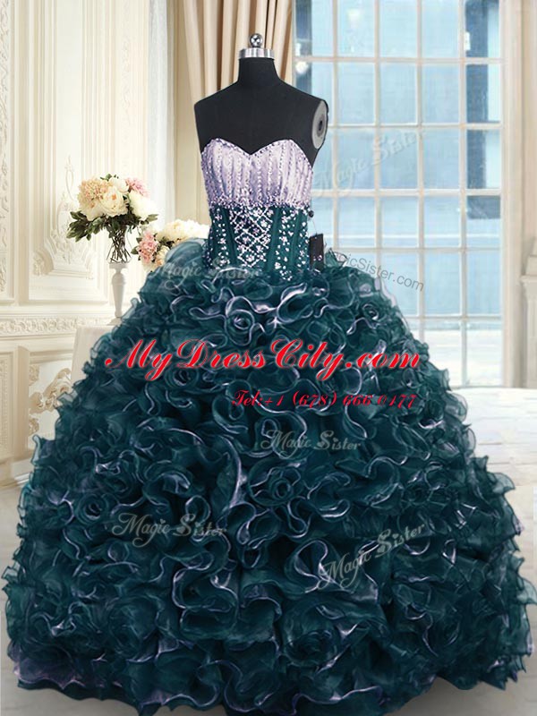 Exquisite Sleeveless Brush Train Lace Up With Train Beading and Ruffles Quinceanera Gown