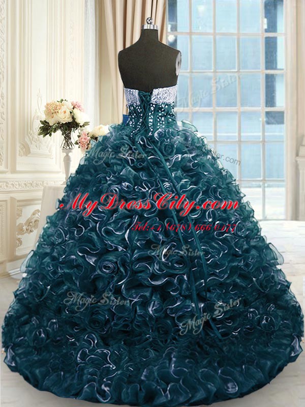 Exquisite Sleeveless Brush Train Lace Up With Train Beading and Ruffles Quinceanera Gown