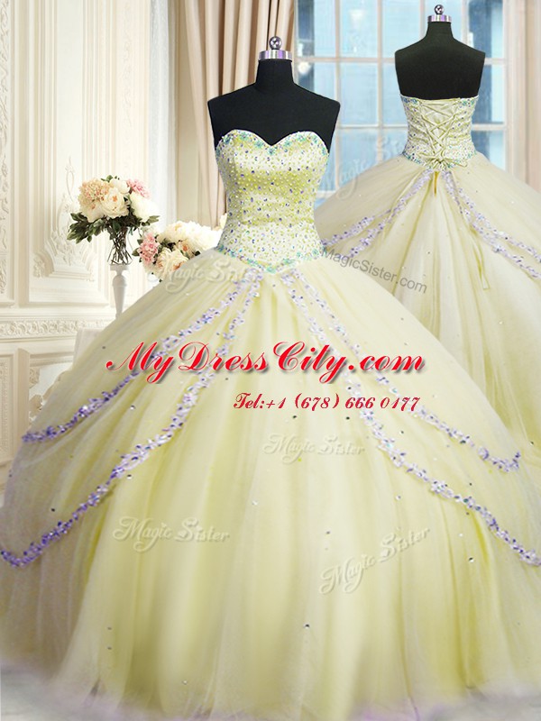 Cute Light Yellow Sweet 16 Quinceanera Dress Military Ball and Sweet 16 and Quinceanera and For with Beading and Appliques Sweetheart Sleeveless Court Train Lace Up