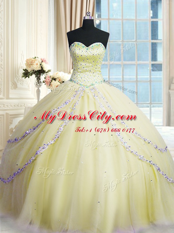 Cute Light Yellow Sweet 16 Quinceanera Dress Military Ball and Sweet 16 and Quinceanera and For with Beading and Appliques Sweetheart Sleeveless Court Train Lace Up