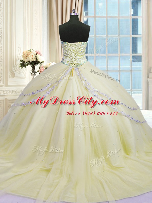 Cute Light Yellow Sweet 16 Quinceanera Dress Military Ball and Sweet 16 and Quinceanera and For with Beading and Appliques Sweetheart Sleeveless Court Train Lace Up