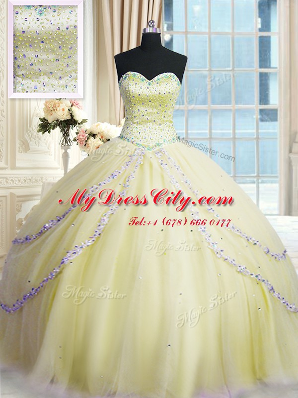 Cute Light Yellow Sweet 16 Quinceanera Dress Military Ball and Sweet 16 and Quinceanera and For with Beading and Appliques Sweetheart Sleeveless Court Train Lace Up