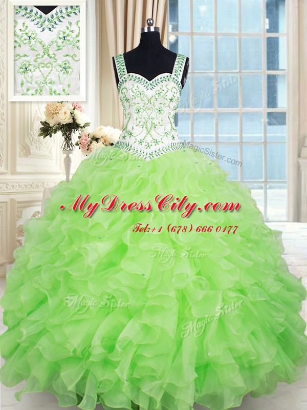 Custom Made Floor Length Lace Up Quinceanera Gown Yellow Green for Military Ball and Sweet 16 and Quinceanera with Beading and Ruffles