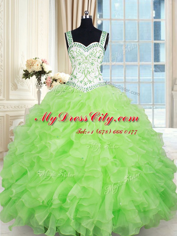 Custom Made Floor Length Lace Up Quinceanera Gown Yellow Green for Military Ball and Sweet 16 and Quinceanera with Beading and Ruffles