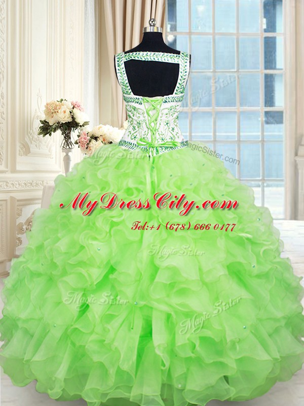 Custom Made Floor Length Lace Up Quinceanera Gown Yellow Green for Military Ball and Sweet 16 and Quinceanera with Beading and Ruffles