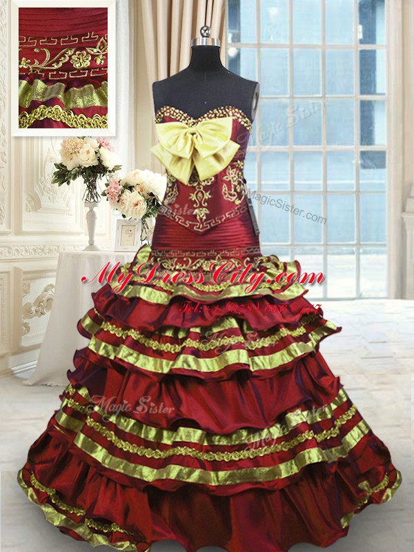 Elegant Wine Red A-line Taffeta Sweetheart Sleeveless Appliques and Embroidery and Ruffled Layers and Bowknot Lace Up Quinceanera Gowns Sweep Train