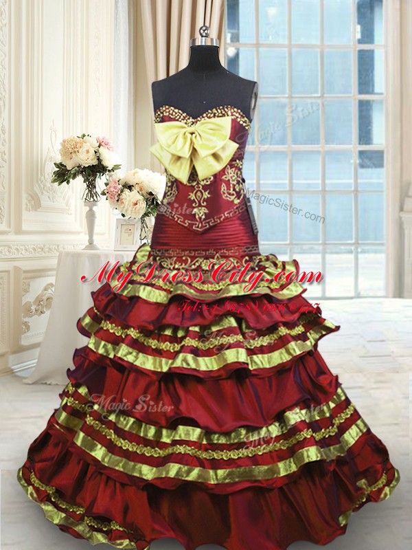 Elegant Wine Red A-line Taffeta Sweetheart Sleeveless Appliques and Embroidery and Ruffled Layers and Bowknot Lace Up Quinceanera Gowns Sweep Train