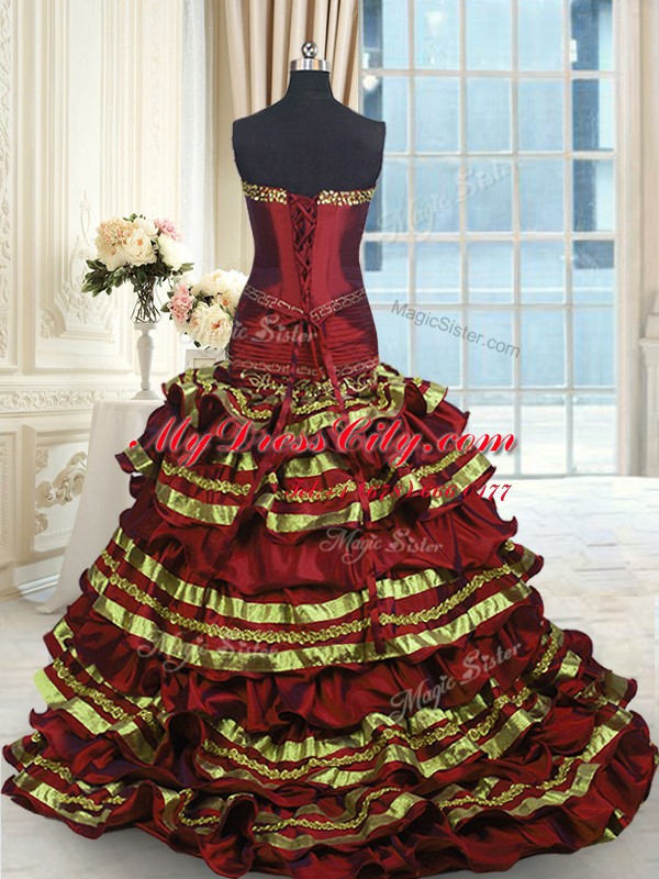 Elegant Wine Red A-line Taffeta Sweetheart Sleeveless Appliques and Embroidery and Ruffled Layers and Bowknot Lace Up Quinceanera Gowns Sweep Train