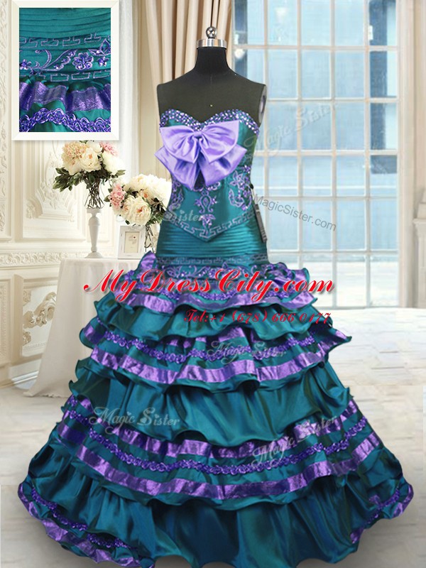 Ruffled Layers Sweep Train A-line Sweet 16 Dresses Peacock Green Sweetheart Taffeta Sleeveless Lace Up