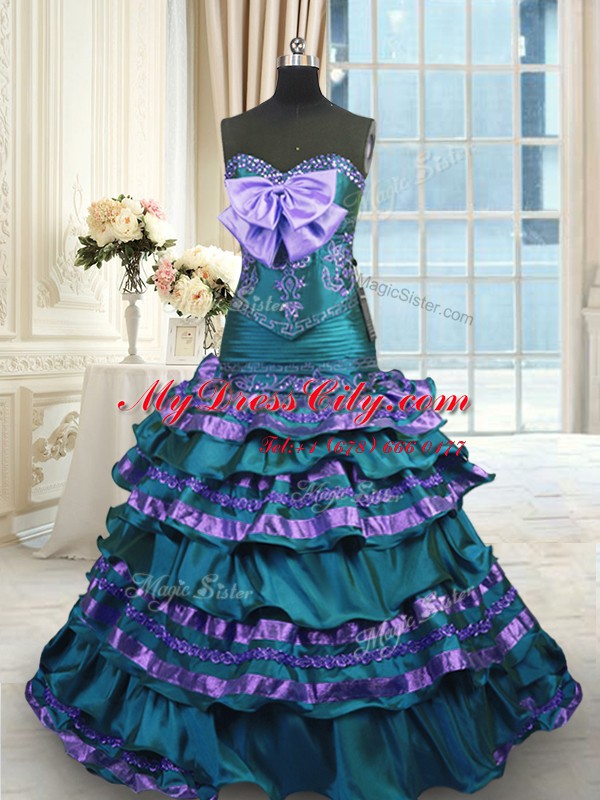 Ruffled Layers Sweep Train A-line Sweet 16 Dresses Peacock Green Sweetheart Taffeta Sleeveless Lace Up