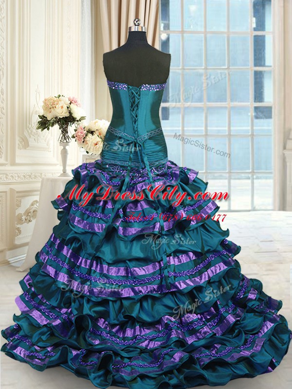 Ruffled Layers Sweep Train A-line Sweet 16 Dresses Peacock Green Sweetheart Taffeta Sleeveless Lace Up