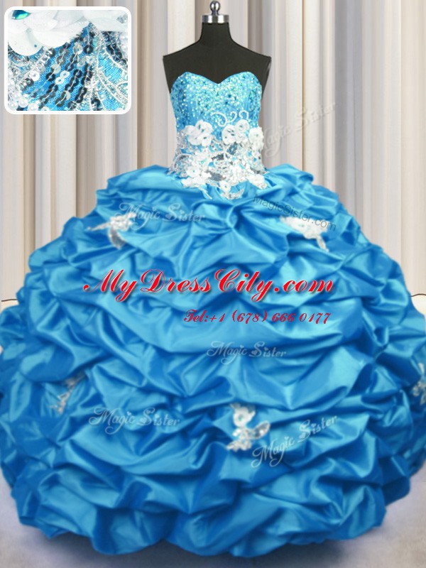 Aqua Blue Taffeta Lace Up Sweetheart Sleeveless With Train Vestidos de Quinceanera Brush Train Appliques and Sequins and Pick Ups