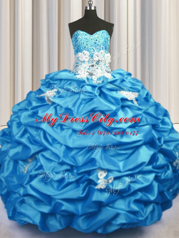 Aqua Blue Taffeta Lace Up Sweetheart Sleeveless With Train Vestidos de Quinceanera Brush Train Appliques and Sequins and Pick Ups