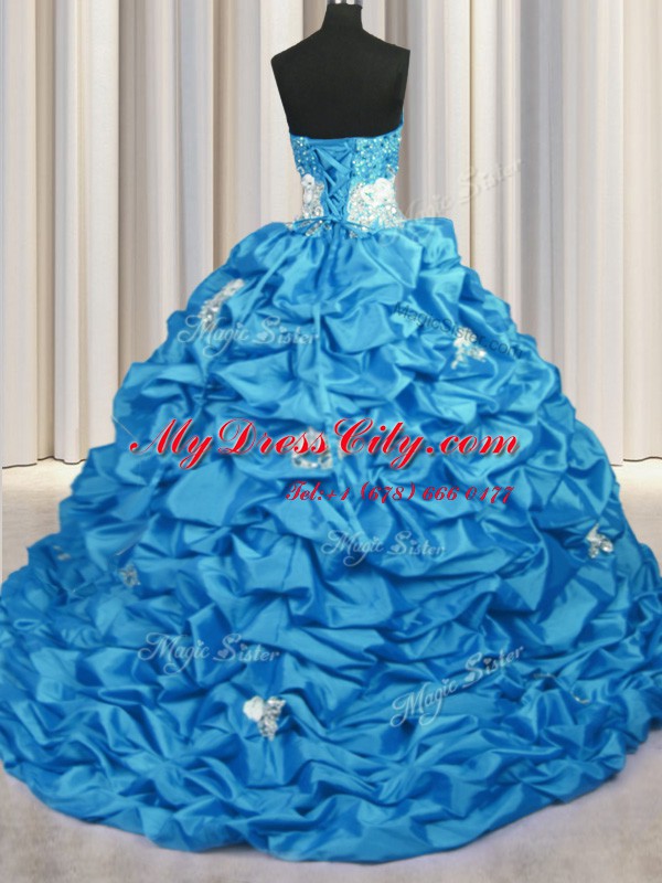 Aqua Blue Taffeta Lace Up Sweetheart Sleeveless With Train Vestidos de Quinceanera Brush Train Appliques and Sequins and Pick Ups