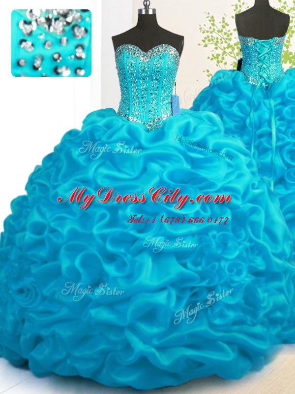 Customized Sweetheart Sleeveless Organza Quinceanera Gowns Beading and Ruffles Brush Train Lace Up