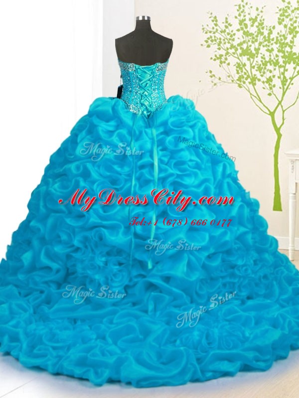 Customized Sweetheart Sleeveless Organza Quinceanera Gowns Beading and Ruffles Brush Train Lace Up