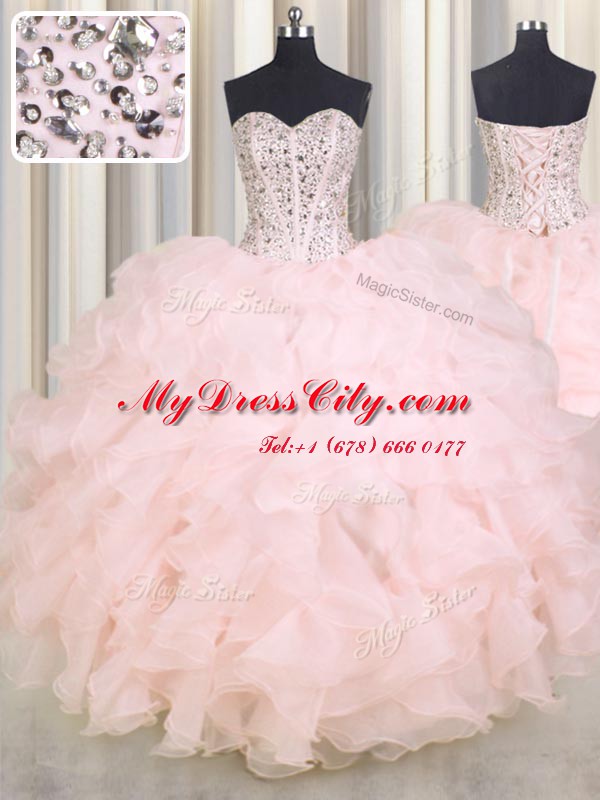 Sweetheart Sleeveless Organza Quinceanera Gown Beading and Ruffles Lace Up