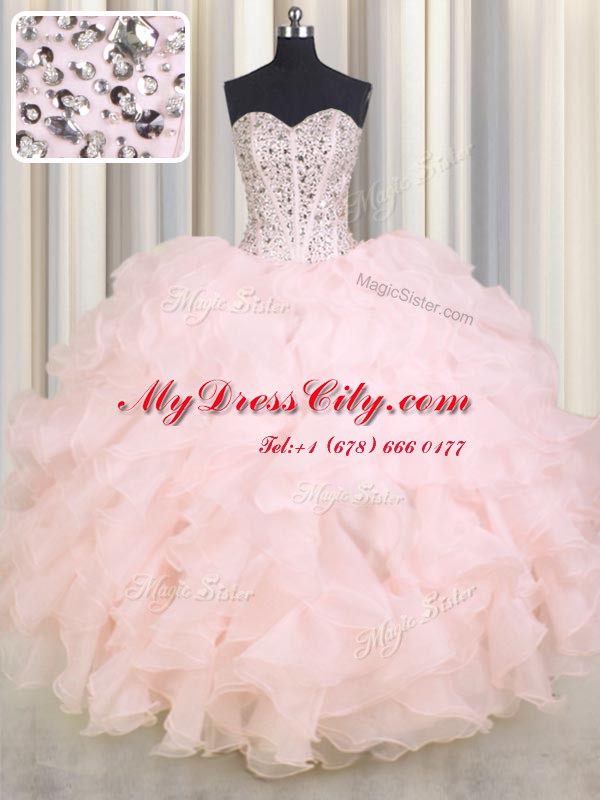 Sweetheart Sleeveless Organza Quinceanera Gown Beading and Ruffles Lace Up