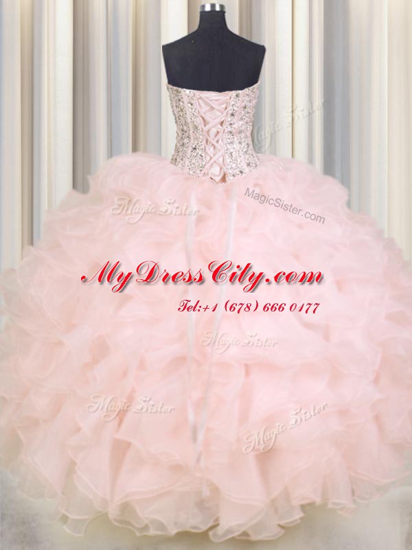 Sweetheart Sleeveless Organza Quinceanera Gown Beading and Ruffles Lace Up