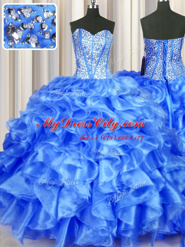 Custom Design Blue Sweetheart Neckline Beading and Ruffles Quince Ball Gowns Sleeveless Lace Up