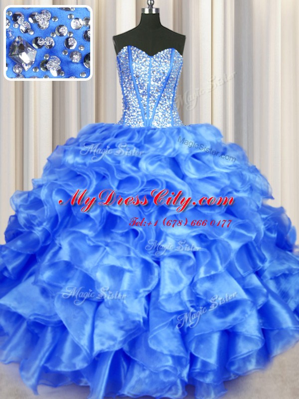 Custom Design Blue Sweetheart Neckline Beading and Ruffles Quince Ball Gowns Sleeveless Lace Up