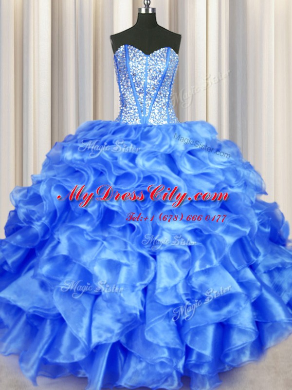 Custom Design Blue Sweetheart Neckline Beading and Ruffles Quince Ball Gowns Sleeveless Lace Up