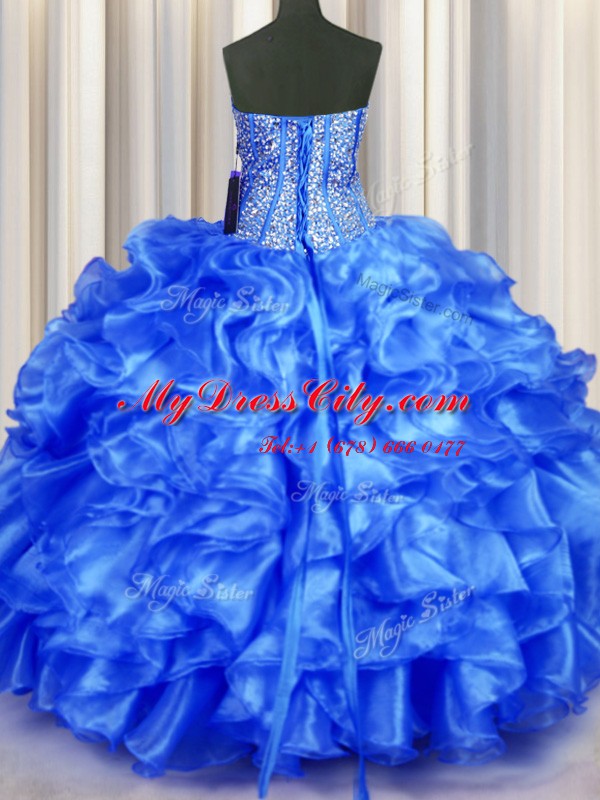 Custom Design Blue Sweetheart Neckline Beading and Ruffles Quince Ball Gowns Sleeveless Lace Up