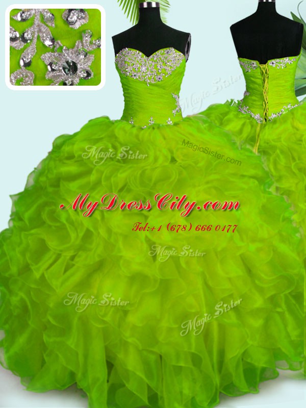 Stunning Yellow Green Sleeveless Floor Length Beading and Ruffles Lace Up Quinceanera Gown