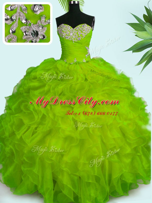 Stunning Yellow Green Sleeveless Floor Length Beading and Ruffles Lace Up Quinceanera Gown