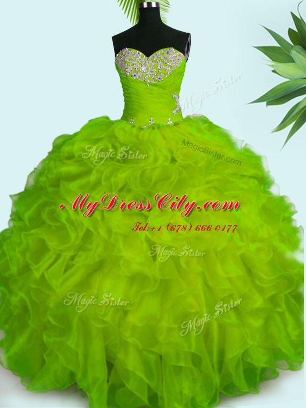 Stunning Yellow Green Sleeveless Floor Length Beading and Ruffles Lace Up Quinceanera Gown