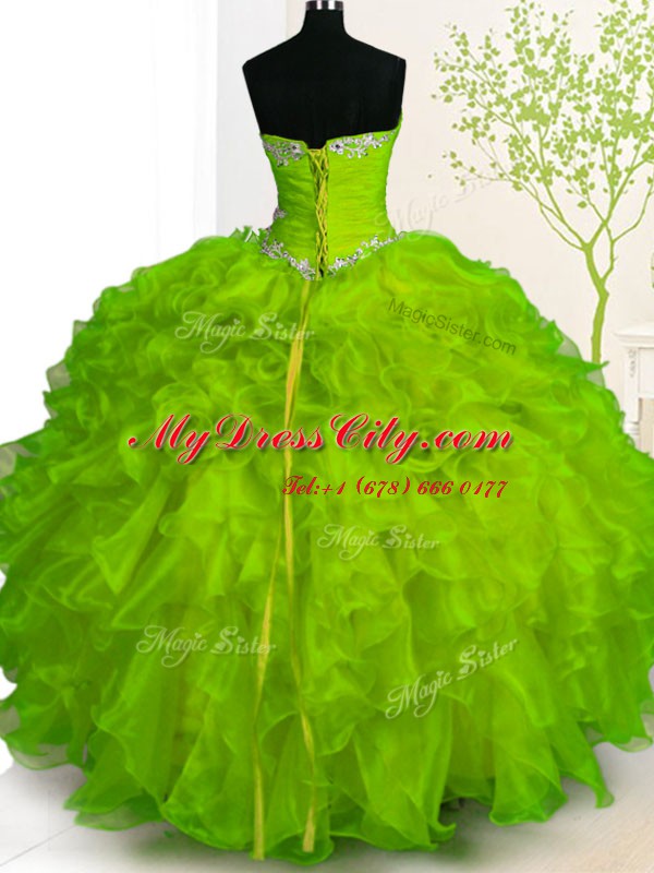 Stunning Yellow Green Sleeveless Floor Length Beading and Ruffles Lace Up Quinceanera Gown