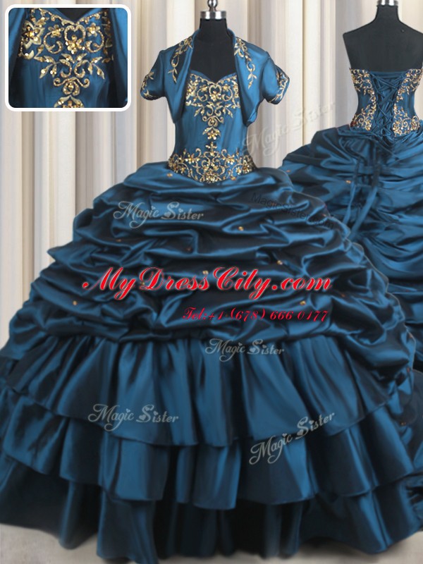 Luxury Sweetheart Sleeveless Taffeta Quinceanera Gowns Beading and Appliques and Pick Ups Brush Train Lace Up