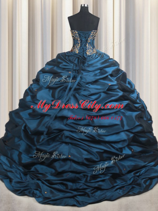 Luxury Sweetheart Sleeveless Taffeta Quinceanera Gowns Beading and Appliques and Pick Ups Brush Train Lace Up