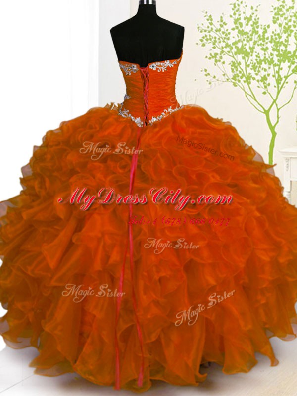 Rust Red Sleeveless Floor Length Beading and Ruffles Lace Up Quinceanera Dress