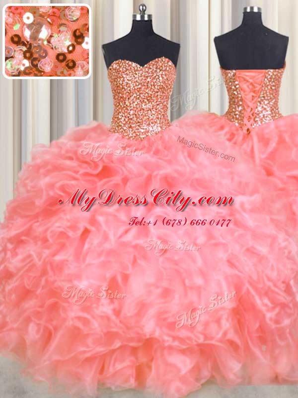 Halter Top Sleeveless Organza Sweet 16 Dress Beading and Ruffles Lace Up