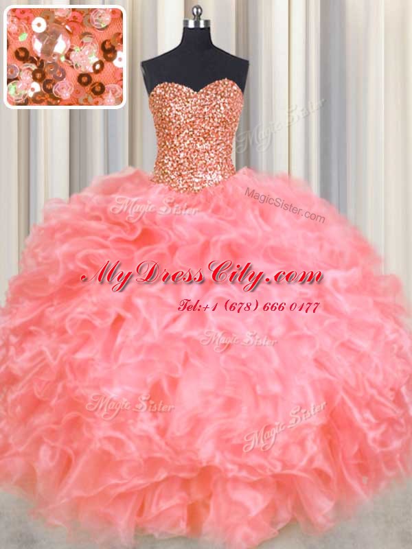 Halter Top Sleeveless Organza Sweet 16 Dress Beading and Ruffles Lace Up