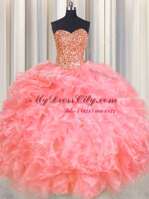 Halter Top Sleeveless Organza Sweet 16 Dress Beading and Ruffles Lace Up